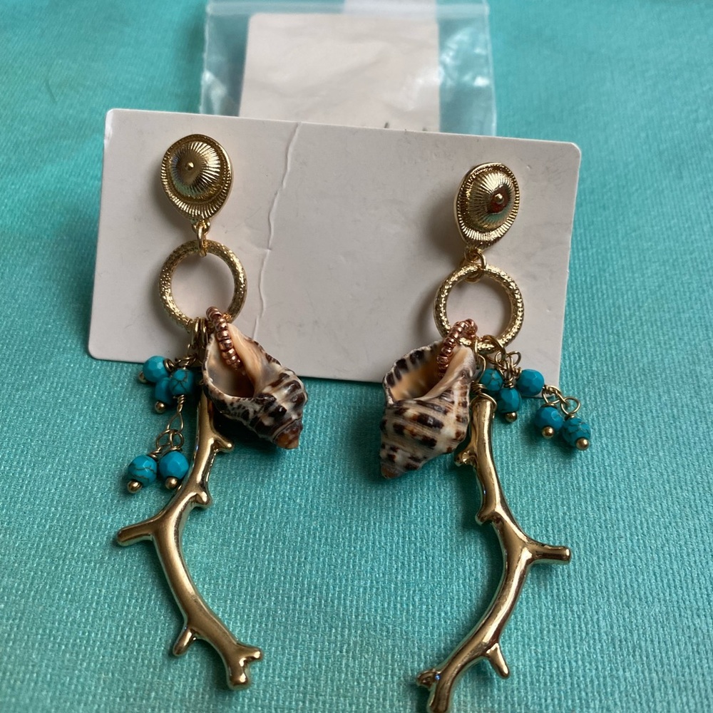 Gold Dangly Turquoise Antler Sea Shell Earrings